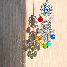 Load image into Gallery viewer, Evil Eye with Hamsa Hand Wall Hanging with Multicolor Suncatcher Crystals - Wall Hanging