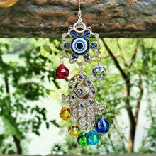 Load image into Gallery viewer, Evil Eye with Hamsa Hand Wall Hanging with Multicolor Suncatcher Crystals - Wall Hanging
