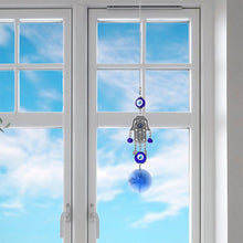 Load image into Gallery viewer, Evil Eyes with Hamsa Hand Wall Hanging with Single Large Blue Crystal - Wall Hanging