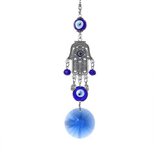 Load image into Gallery viewer, Evil Eyes with Hamsa Hand Wall Hanging with Single Large Blue Crystal - Wall Hanging