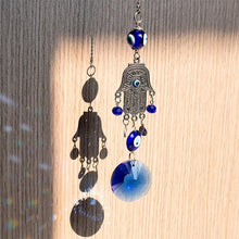 Load image into Gallery viewer, Evil Eyes with Hamsa Hand Wall Hanging with Single Large Blue Crystal - Wall Hanging