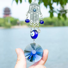 Load image into Gallery viewer, Evil Eyes with Hamsa Hand Wall Hanging with Single Large Blue Crystal - Wall Hanging