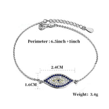 Load image into Gallery viewer, Image of the size of eye-shaped Evil Eye protection necklace in a beautiful and delicate, blue and white stone-studded eye-shaped Evil Eye