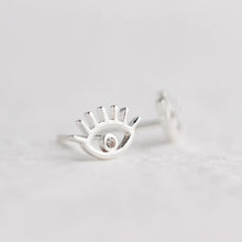 Load image into Gallery viewer, Eyes with Eye Lashes Shaped Silver Evil Eye Earrings - Earrings