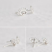 Load image into Gallery viewer, Eyes with Eye Lashes Shaped Silver Evil Eye Earrings - Earrings