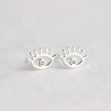 Load image into Gallery viewer, Eyes with Eye Lashes Shaped Silver Evil Eye Earrings - Earrings