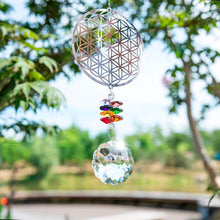 Load image into Gallery viewer, Flower of Life Themed Wall Hanging with Multicolor Suncatcher Crystals - Wall Hanging