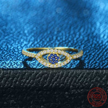 Load image into Gallery viewer, Gold Colored Blue and White Stone Evil Eye Silver Ring - Ring8