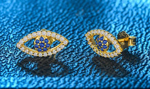 Load image into Gallery viewer, Gold Colored Blue and White Stone Evil Eye Silver Stud Earrings - EarringsSilver
