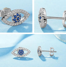 Load image into Gallery viewer, Gold Colored Blue and White Stone Evil Eye Silver Stud Earrings - EarringsSilver