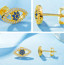 Load image into Gallery viewer, Gold Colored Blue and White Stone Evil Eye Silver Stud Earrings - EarringsSilver