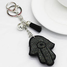 Load image into Gallery viewer, Gray Stone Studded Hamsa Hand with Evil Eye Keychain - Keychain