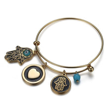 Load image into Gallery viewer, Hamsa and Hearts Charmed Copper Bangle - Bracelet