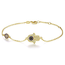 Load image into Gallery viewer, Hamsa Hand with Dual Evil Eye Silver Bracelet - BraceletGold