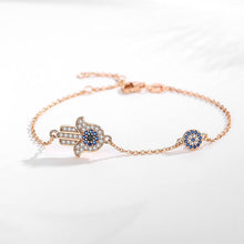 Load image into Gallery viewer, Hamsa Hand with Dual Evil Eye Silver Bracelet - BraceletRose Gold