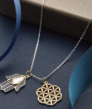 Load image into Gallery viewer, Hamsa Hand with Evil Eye and Flower Of Life Silver Necklace - Necklace