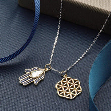 Load image into Gallery viewer, Hamsa Hand with Evil Eye and Flower Of Life Silver Necklace - Necklace