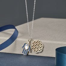 Load image into Gallery viewer, Hamsa Hand with Evil Eye and Flower Of Life Silver Necklace - Necklace