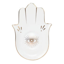 Load image into Gallery viewer, Hamsa Hand with Evil Eye Ceramic Multipurpose Plates - Decorative PlateWhite with Eye Design Evil Eye