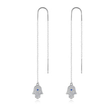Load image into Gallery viewer, Hamsa Hand with Evil Eye Silver Threader Earrings - EarringsCircular Evil Eyes