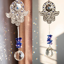 Load image into Gallery viewer, Hamsa Hand with Evil Eye Wall Hanging with Single Large Suncatcher Crystal - Wall Hanging