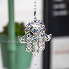Load image into Gallery viewer, Hamsa Hand with Evil Eye Wall Hanging with Single Large Suncatcher Crystal - Wall Hanging