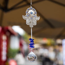 Load image into Gallery viewer, Hamsa Hand with Evil Eye Wall Hanging with Single Large Suncatcher Crystal - Wall Hanging