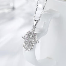 Load image into Gallery viewer, Hamsa Necklace with Evil Eye and Lotus Flower Inside - NecklaceSilver