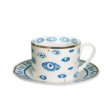 Load image into Gallery viewer, Hand Painted Evil Eye and Hamsa Hand Themed Ceramic Dinnerware Set - Dinnerware SetEvil Eye Cup and Saucer Set2023