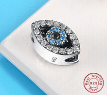 Load image into Gallery viewer, Light Blue and White Stone Eye Shaped Evil Eye Silver Charm Bead - Charm Bead