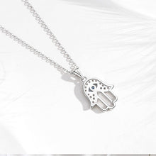 Load image into Gallery viewer, Light Blue Stone Evil Eye in Hamsa Hand Silver Necklace - Necklace