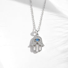 Load image into Gallery viewer, Light Blue Stone Evil Eye in Hamsa Hand Silver Necklace - Necklace