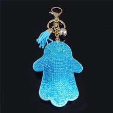 Load image into Gallery viewer, Light Blue Stone Studded Hamsa Hand Keychain - Keychain
