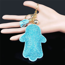 Load image into Gallery viewer, Light Blue Stone Studded Hamsa Hand Keychain - Keychain