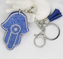 Load image into Gallery viewer, Light Blue Stone Studded Hamsa Hand with Evil Eye Keychain - Keychain