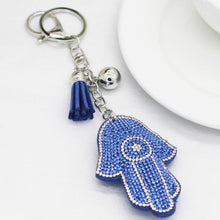 Load image into Gallery viewer, Light Blue Stone Studded Hamsa Hand with Evil Eye Keychain - Keychain