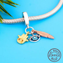 Load image into Gallery viewer, Mini Evil Eye Hamsa Hand and Feather Silver Pendant - Pendant