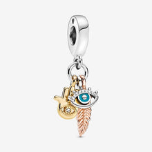 Load image into Gallery viewer, Mini Evil Eye Hamsa Hand and Feather Silver Pendant - Pendant