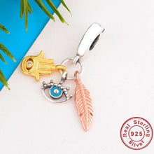 Load image into Gallery viewer, Mini Evil Eye Hamsa Hand and Feather Silver Pendant - Pendant