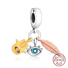 Load image into Gallery viewer, Mini Evil Eye Hamsa Hand and Feather Silver Pendant - Pendant
