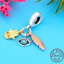 Load image into Gallery viewer, Mini Evil Eye Hamsa Hand and Feather Silver Pendant - Pendant