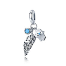 Load image into Gallery viewer, Mini Hamsa Hand, Feather and Evil Eye Silver Pendant - Pendant