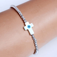 Load image into Gallery viewer, Mother of Pearl White Evil Eye Silver Beaded Bracelets - BraceletHoly Cross