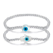 Load image into Gallery viewer, Mother of Pearl White Evil Eye Silver Beaded Bracelets - BraceletHoly Cross