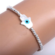 Load image into Gallery viewer, Mother of Pearl White Evil Eye Silver Beaded Bracelets - BraceletHamsa Hand