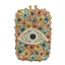 Load image into Gallery viewer, Multicolor Stone Studded Evil Eye Clutch - Golden - Handbag