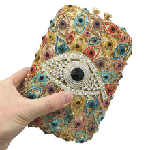 Load image into Gallery viewer, Multicolor Stone Studded Evil Eye Clutch - Golden - Handbag
