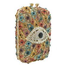 Load image into Gallery viewer, Multicolor Stone Studded Evil Eye Clutch - Golden - Handbag