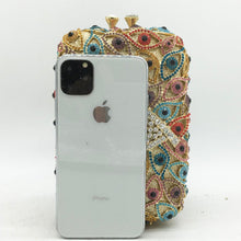 Load image into Gallery viewer, Multicolor Stone Studded Evil Eye Clutch - Golden - Handbag