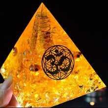 Load image into Gallery viewer, Orgone Pyramid: Sun and Cosmic Vibrations with Sacred Om Symbol, Prosperous Citrine and Copper - Home Decor5 cm or 2"